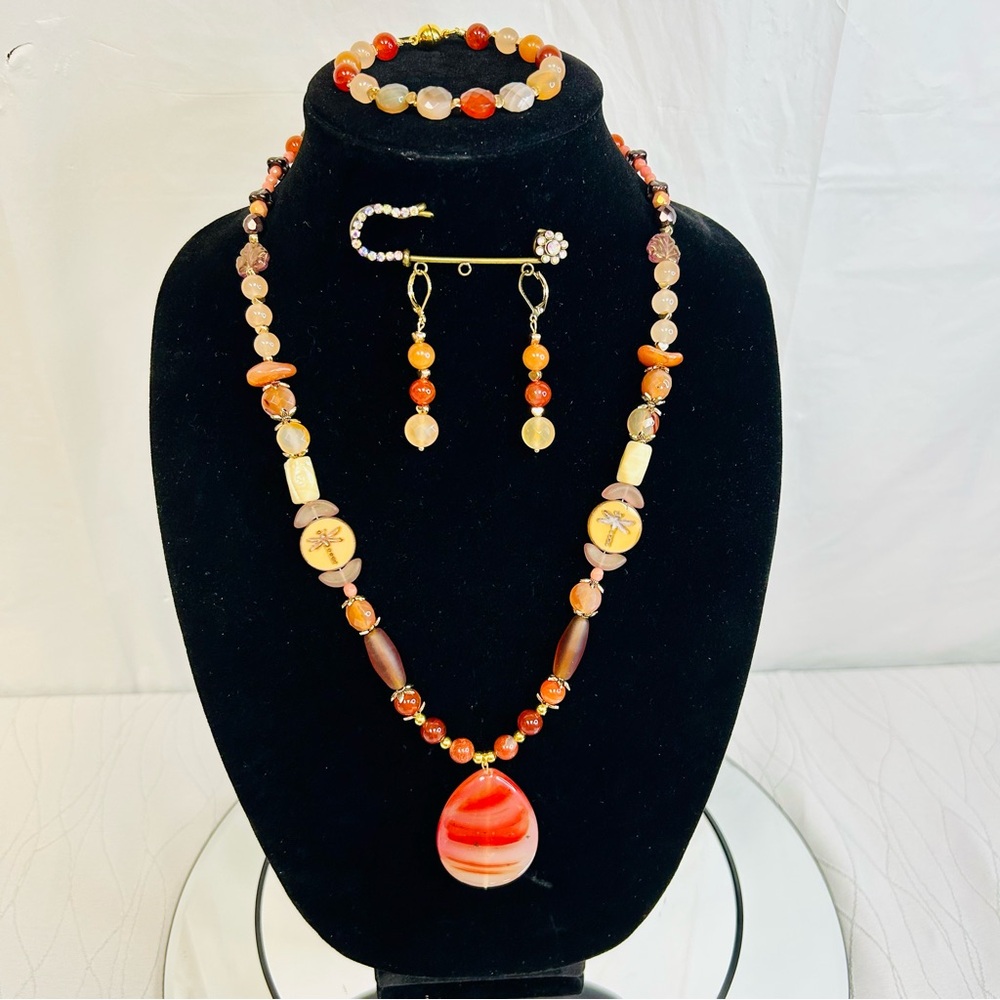 Dragonfly 3pc. Jewelry Set - Carnelian Agate, Faceted Peacock Agate, Peach Glass - Picture 8 of 9